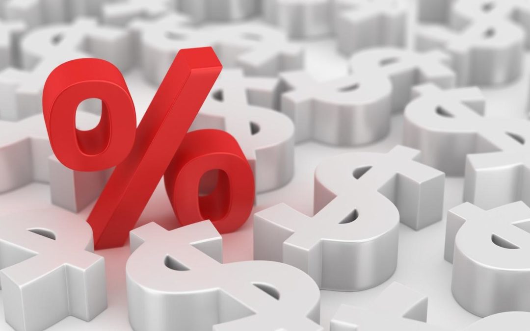 Single red percent symbol among many dollars