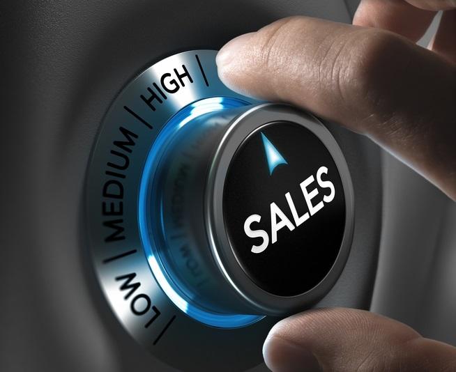 Sales button pointing the highest position with two fingers, blue and grey tones, Conceptual image for sales strategy or performance